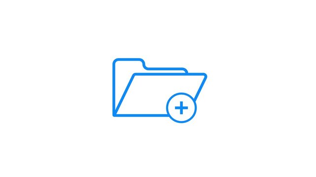 Simple blue outline icon of an open folder with a plus sign inside a circle indicating adding new files or documents