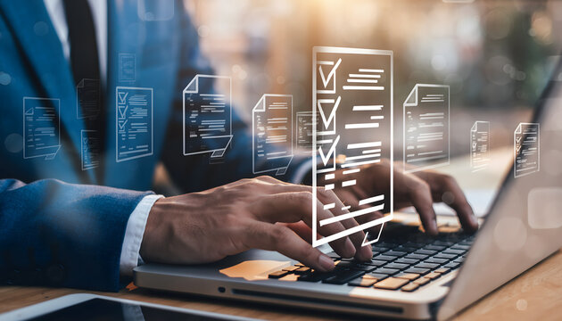 Streamline workflow with digital checklist, businessman using laptop for efficient task management and document control, promoting productivity and organization - Powered by Adobe