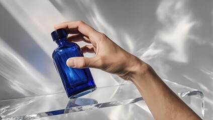 Hand holding a blue glass bottle with abstract light reflections.