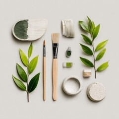 eco minimal design scene with writing tools and leaves