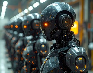 Fototapeta premium Metallic robots in a factory line with glowing eyes