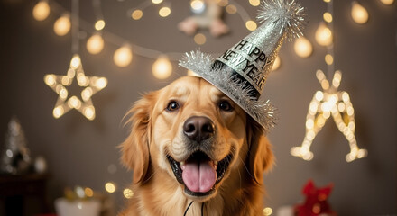 New year dog celebration with a golden retriever wearing festive hat and lights, making new year dog celebration memorable. New year celebration with charming dog offers joy and cheer.