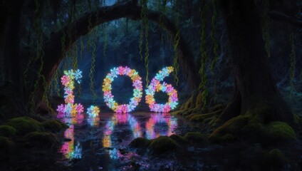 Magical Forest Numbers Glowing With Flowers Reflecting In Water.
