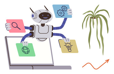 Robot holding icons of search, ideas, gears, and global connectivity emerges from laptop near plant and growth arrow. Ideal for technology, AI, innovation, automation, growth sustainability