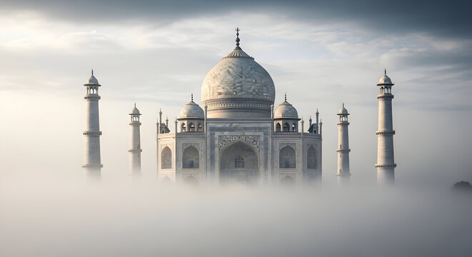 The Taj Mahal, a white marble mausoleum, partially obscured by a dense layer of fog and clouds, with minarets visible.