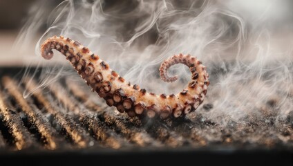 Grilled Octopus Tentacle with Smoke on a Grill.