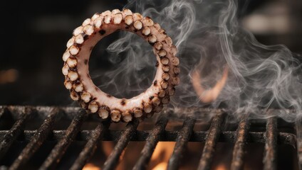 Grilled Octopus Tentacle Ring on Barbecue Grill with Smoke and Flames.