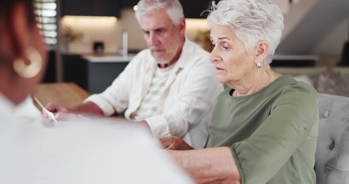 Senior couple, home and financial consultant with paperwork for investment, budget or mortgage. Elderly woman, man and discussion with advisor for retirement savings, insurance and pension annuity