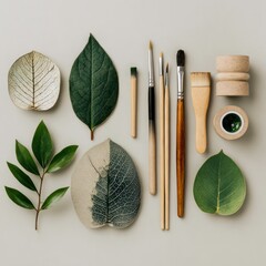 eco minimal design scene with writing tools and leaves