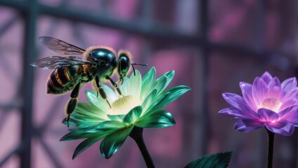 Honey Bee Pollinating Glowing Green Flower with Purple Flower in Background.