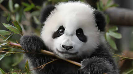 Obraz premium Cute Panda Cub Holding Bamboo Close-up, Black-White Fur and Round Eyes for Animal Themes and Nature Conservation