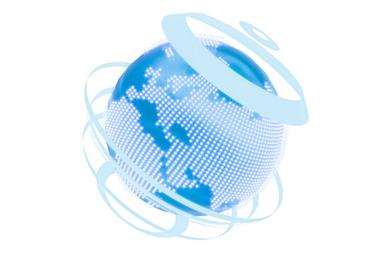 the globe is rotating with several rings orbiting around it