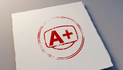 Achieving academic excellence A plus grade on test paper for educational success concept, showing performance and high scores for learning and growth