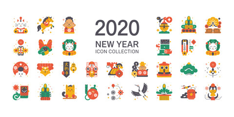 Naklejka premium 2020 New Year icon collection with Japanese cultural elements vector illustration