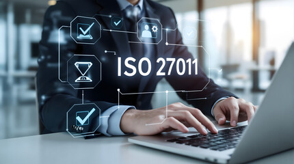 Professional manages ISO 27011 compliance on laptop in modern office, ensuring information security management for business success with digital certification