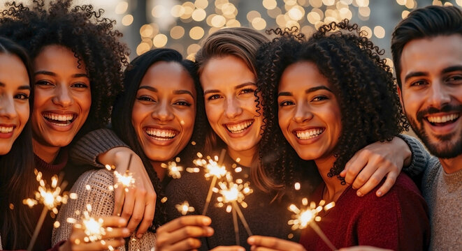 New year hugs friends celebrating with sparklers, smiling with joy. New year hugs convey cheerful, friendship and togetherness.