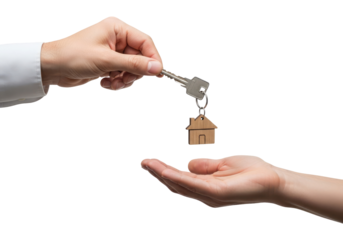 Hand Offering House Key to Customer for New Home, Cut Out, Clipping Path, Isolated on a Transparent PNG Background.