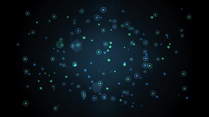 Abstract digital background with glowing blue and green geometric shapes and particles on a dark navy gradient canvas - Powered by Adobe