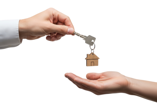 Hand Offering House Key to Customer for New Home, Cut Out, Clipping Path, Isolated on a Transparent PNG Background.