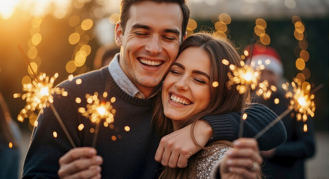 Capturing new year hugs friends, showcasing a happy couple with sparklers during celebration. New year hugs friends, showing affection and joy, illuminates festive atmosphere.