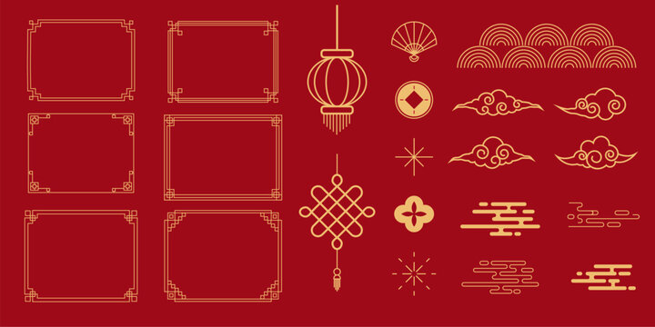 Asian golden element set decorative frames, corners, borders, flowers , clouds, hanging lantern and knotting in Chinese style.