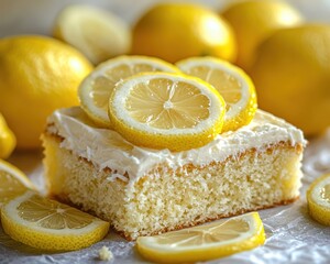 Frosted lemon cake slice topped with lemon slices, surrounded by whole lemons