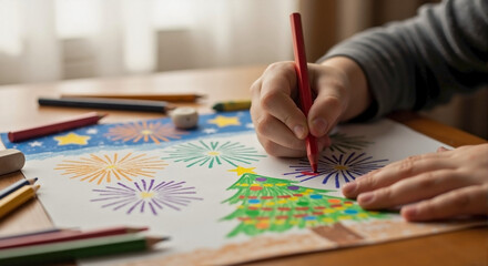 New year kids drawing shows festive artwork with bright colors, markers, and holiday themes.