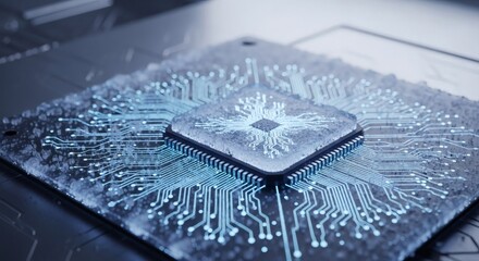 A powerful central processing unit with glowing blue light circuits, showcasing advanced computing and futuristic technology on a motherboard