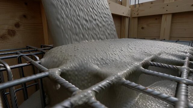 Liquid grey concrete pouring over a steel rebar grid within wooden formwork in a realistic 3D animation, ideal for industrial construction concepts.
