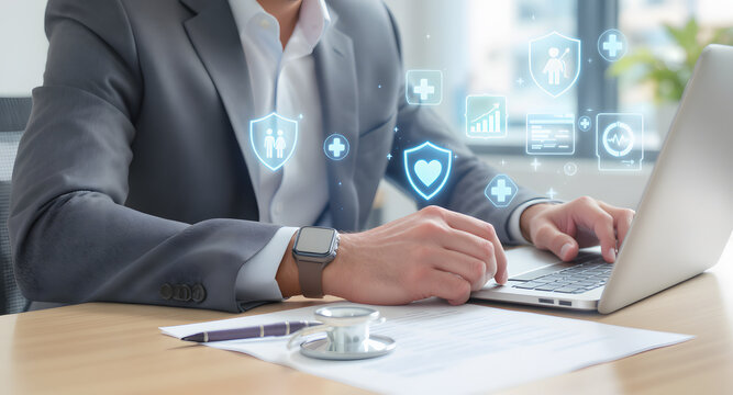 Professional doctor using laptop, visualizing health insurance and medical icons, offering modern telemedicine, safeguarding well being and providing online healthcare