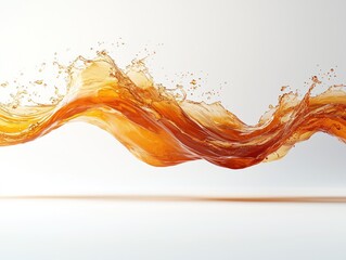 Golden liquid splashes horizontally in a dynamic wave against a white background