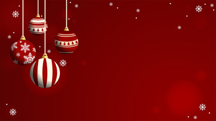 Festive Christmas ornament background with hanging red holiday balls snowflake decoration and elegant winter theme for seasonal poster banner and greeting card design