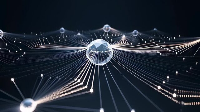 Futuristic abstract network featuring a central crystal node connecting via glowing data lines in a dark 3D animation, illustrating global connectivity and blockchain concepts.