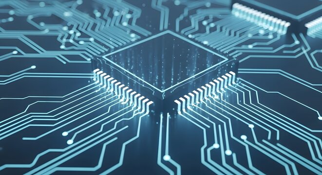 Close up of a futuristic microchip with glowing blue circuits on a dark background.