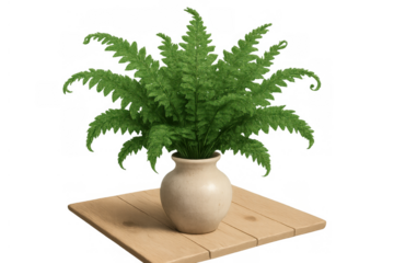 Green fern plant in a ceramic vase on a wooden platform, illustrating indoor decor, nature, and growth with transparency
