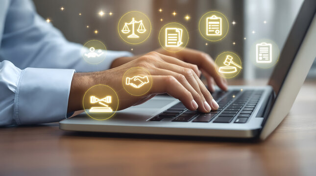 Professional types on laptop, navigating legal matters with modern technology and digital solutions for business success and streamlined workflows