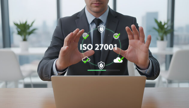 ISO 27001 certification process with a confident businessman presenting data security compliance in a modern office setting, demonstrating data protection