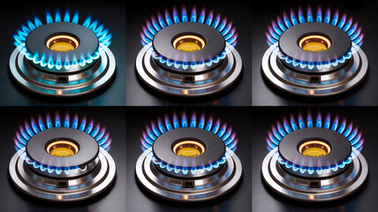 A professional product photography of six gas stove burners arranged in two rows of three.