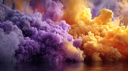 Vibrant smoke clouds in purple, orange, and yellow blend above a calm water surface, creating a mesmerizing scene that evokes creativity and artistic inspiration