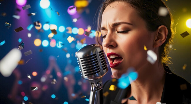 Enjoy new year music concert with a singer and falling confetti on stage, new year music concert with colorful stage lights. Beautiful singer at new year music concert during holiday. - Powered by Adobe