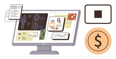Computer screen displaying medical history, diagnostic scans, prescription data, and charts alongside monetary and visual indicators. Ideal for telemedicine, healthcare, data analysis, diagnostics