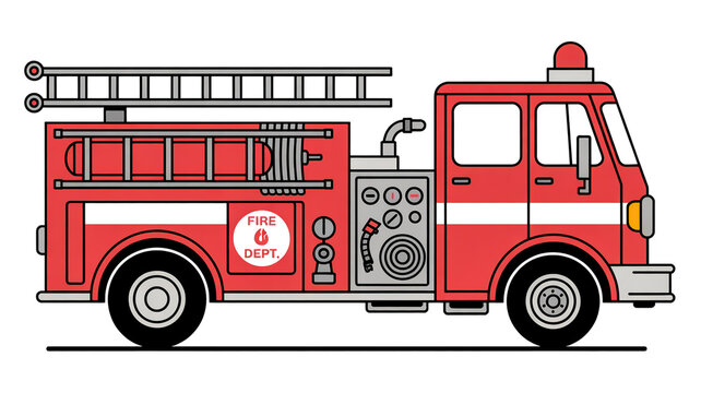 A simple illustration of a classic red fire truck with white trim - Powered by Adobe