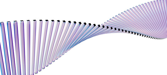 Dynamic abstract wave of translucent glass bars in violet-blue tones on white background. Modern futuristic design perfect for branding, tech visuals, presentations and digital art projects.