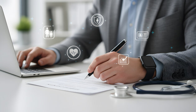 Doctor reviews patient medical insurance policy for family health, writing on document with laptop, stethoscope, digital health record, modern office