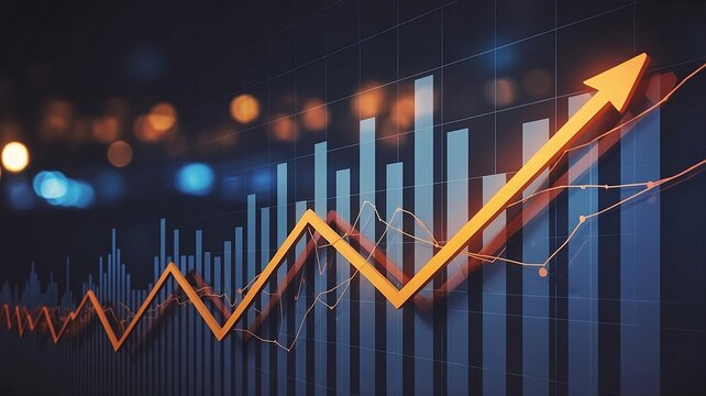 An upward trend in stock market data, featuring an orange line graph rising sharply over a series of stacked bars, created with generative ai