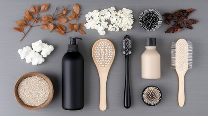A collection of natural bath and body care items arranged symmetrically on a gray surface, including brushes, bottles, and decorative natural elements.
