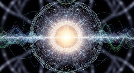 Abstract glowing sphere with energy waves and grid structure.