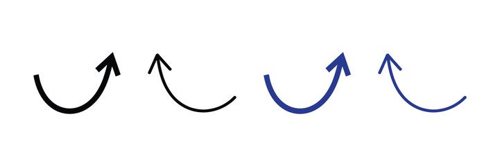 Collection of four upward curved arrows, two black and two blue, isolated on a white background, representing progress and direction. isolated on white background