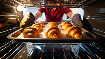 A baking sheet containing golden-brown pastries is removed from the oven, evoking the appetite and anticipation of freshly baked goods.