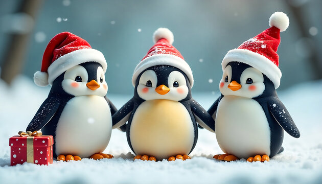 three cartoon penguins wearing festive red Santa hats, standing in a snowy setting, created with generative ai